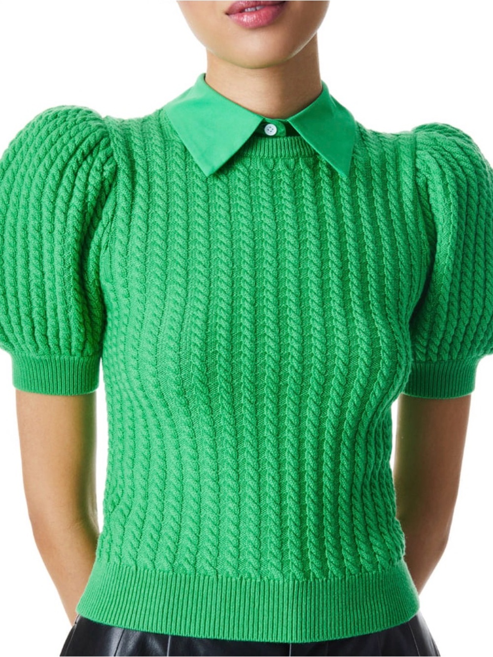 Brand NWOT Alice + Olivia Chase Cable Knit Puff Sleeve Sweater In Green. Size S - Picture 8 of 16